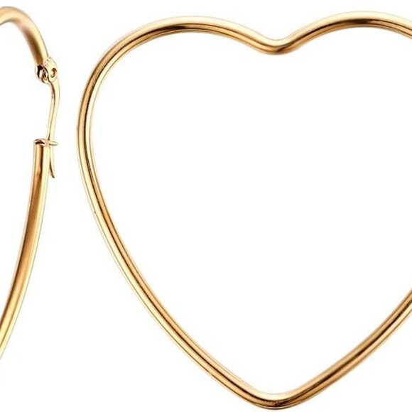 Gold Plated Heart Shape Hoop Earrings Stainless Steel Hypoallergenic Large Hoops - Picture 1 of 7
